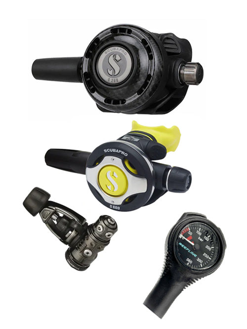 Scubapro Regulator Set: MK19 Evo Black Tech (Din or Yoke) + G260 Carbon + Octopus + Free Italian-made Reefline SPG