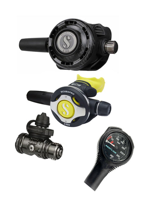 Scubapro Regulator Set: MK19 Evo Black Tech (Din or Yoke) + G260 Carbon + Octopus + Free Italian-made Reefline SPG