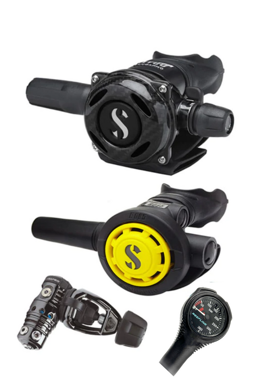 Scubapro 调节器套装：MK25 Evo Black Tech（Din 或 Yoke）+ A700 Carbon + Octopus + 免费意大利制造 Reefline SPG
