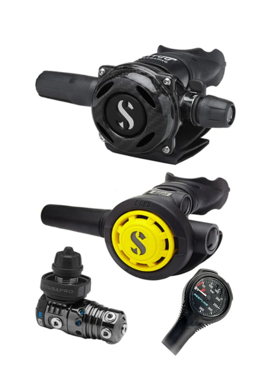 Scubapro 调节器套装：MK25 Evo Black Tech（Din 或 Yoke）+ A700 Carbon + Octopus + 免费 Reefline Spg 