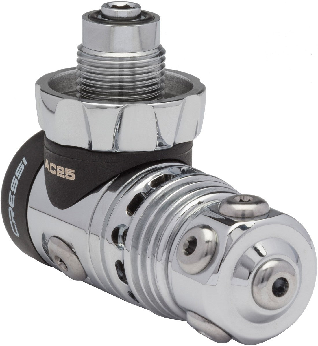 Close up of the AC25M adjustable balanced piston first stage with rotating turret
