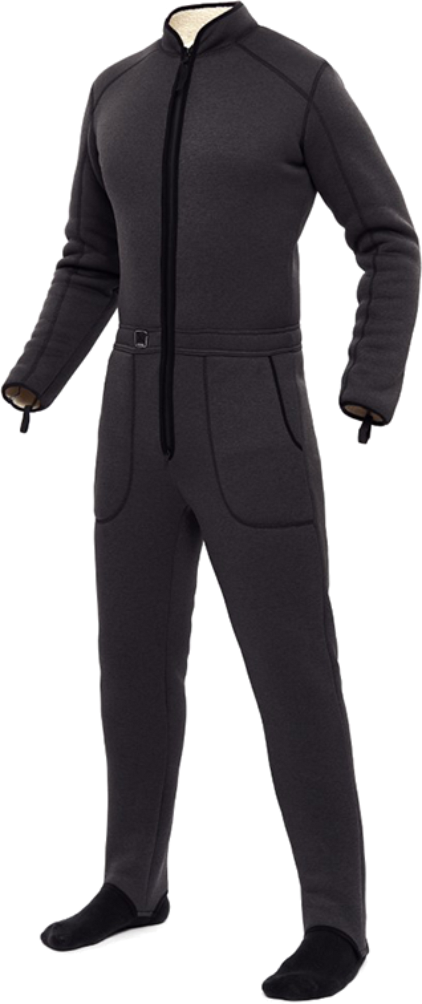A full-body AVATAR 901 undersuit in gray melange color, designed for use with a drysuit, featuring a double-sided zipper, side pockets, and elastic thumb loops.