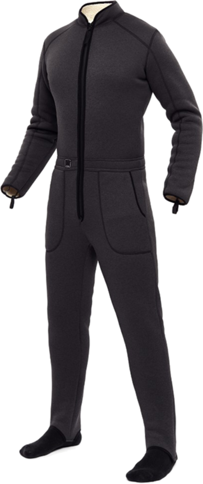 A full-body AVATAR 901 undersuit in gray melange color, designed for use with a drysuit, featuring a double-sided zipper, side pockets, and elastic thumb loops.