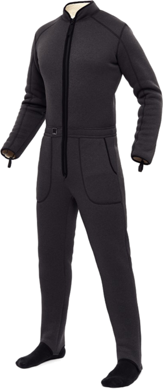A full-body AVATAR 901 undersuit in gray melange color, designed for use with a drysuit, featuring a double-sided zipper, side pockets, and elastic thumb loops.