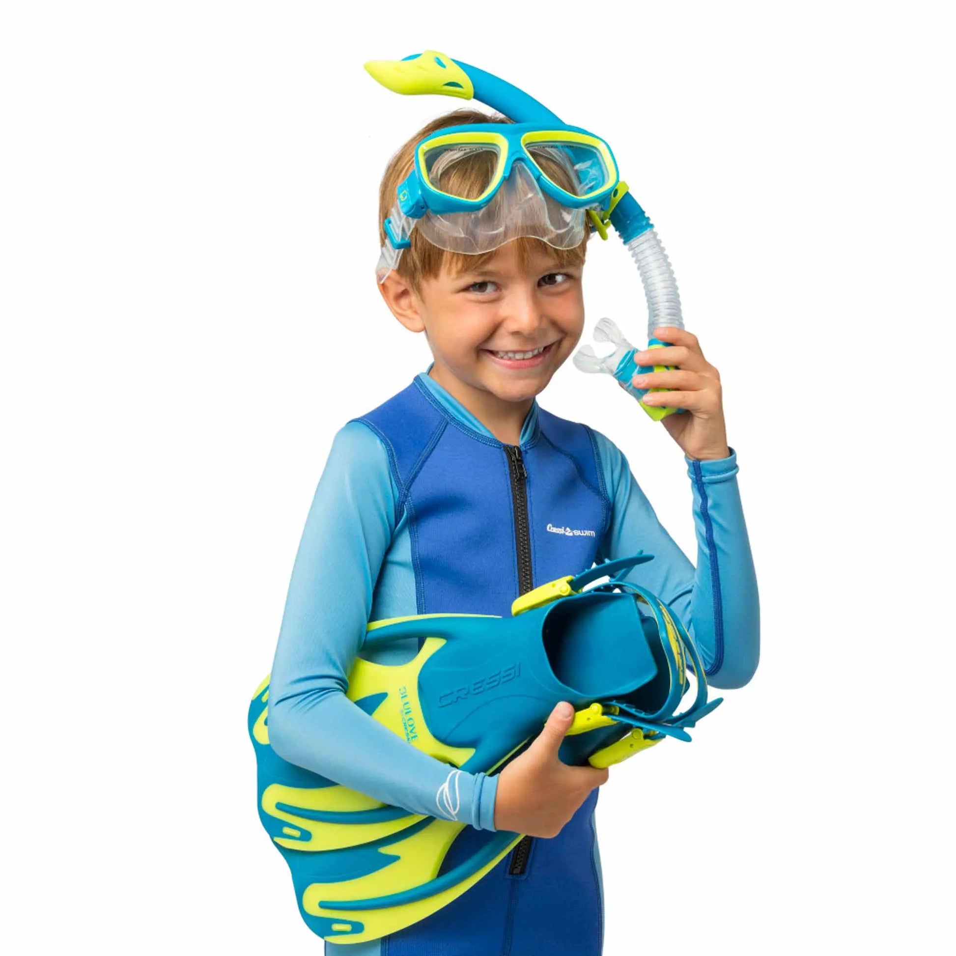 Cressi Rocks Mask + Snorkel + Fins Junior Set - Blue & Lime - Infinity DiveCressi Rocks Mask + Snorkel + Fins Junior Set - Blue & LimeCressi