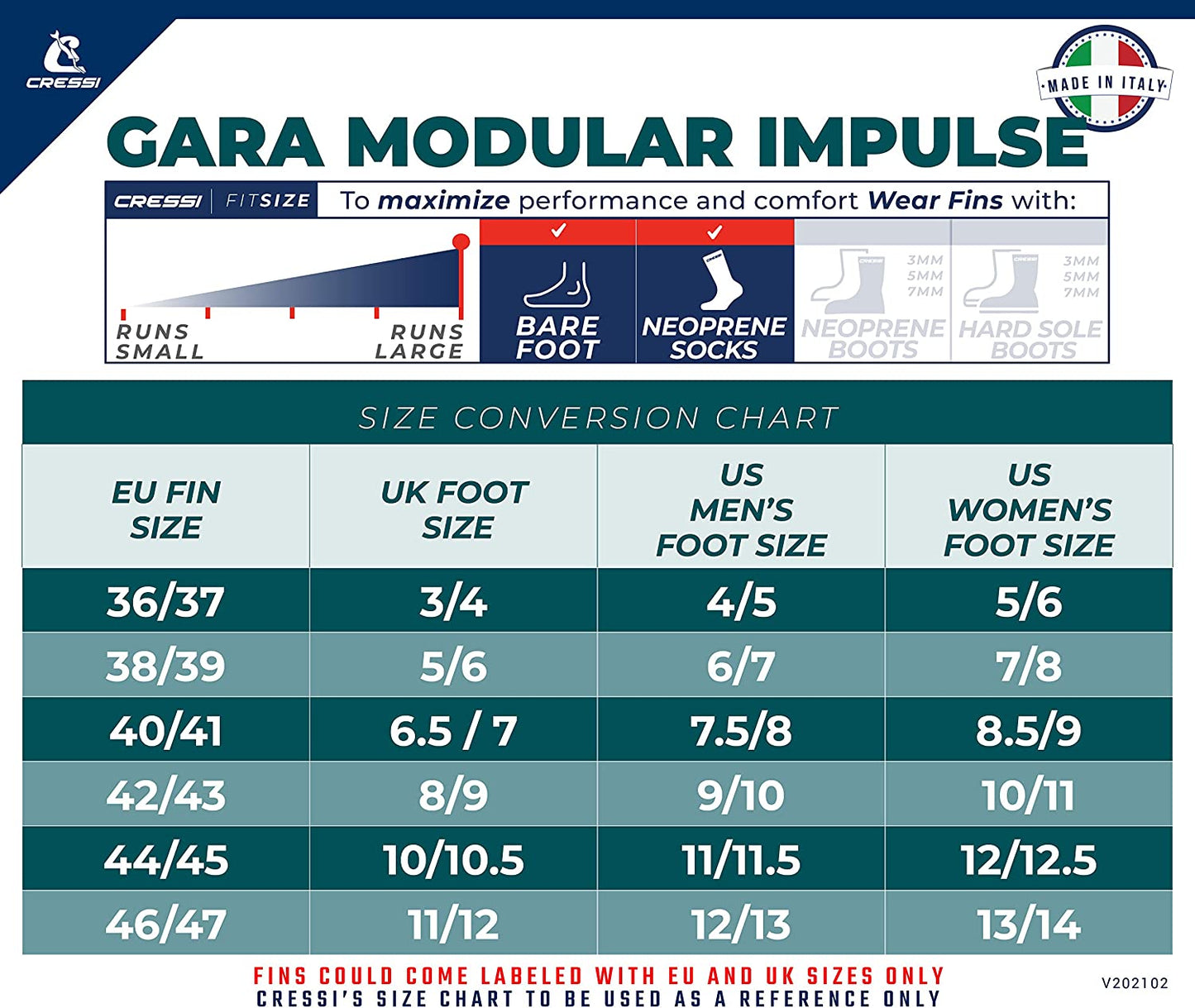 infinity-dive-cressi-gara-modular-impulse-freediving-fins-sizing-guide
