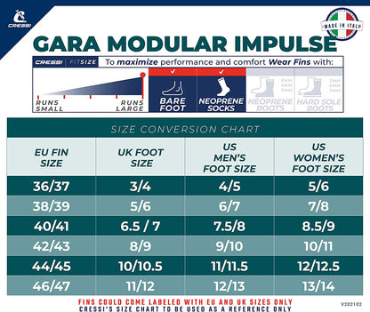 infinity-dive-cressi-gara-modular-impulse-freediving-fins-sizing-guide
