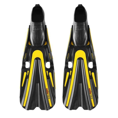 A pair of Mares Volo Race full foot fins in yellow and black color.