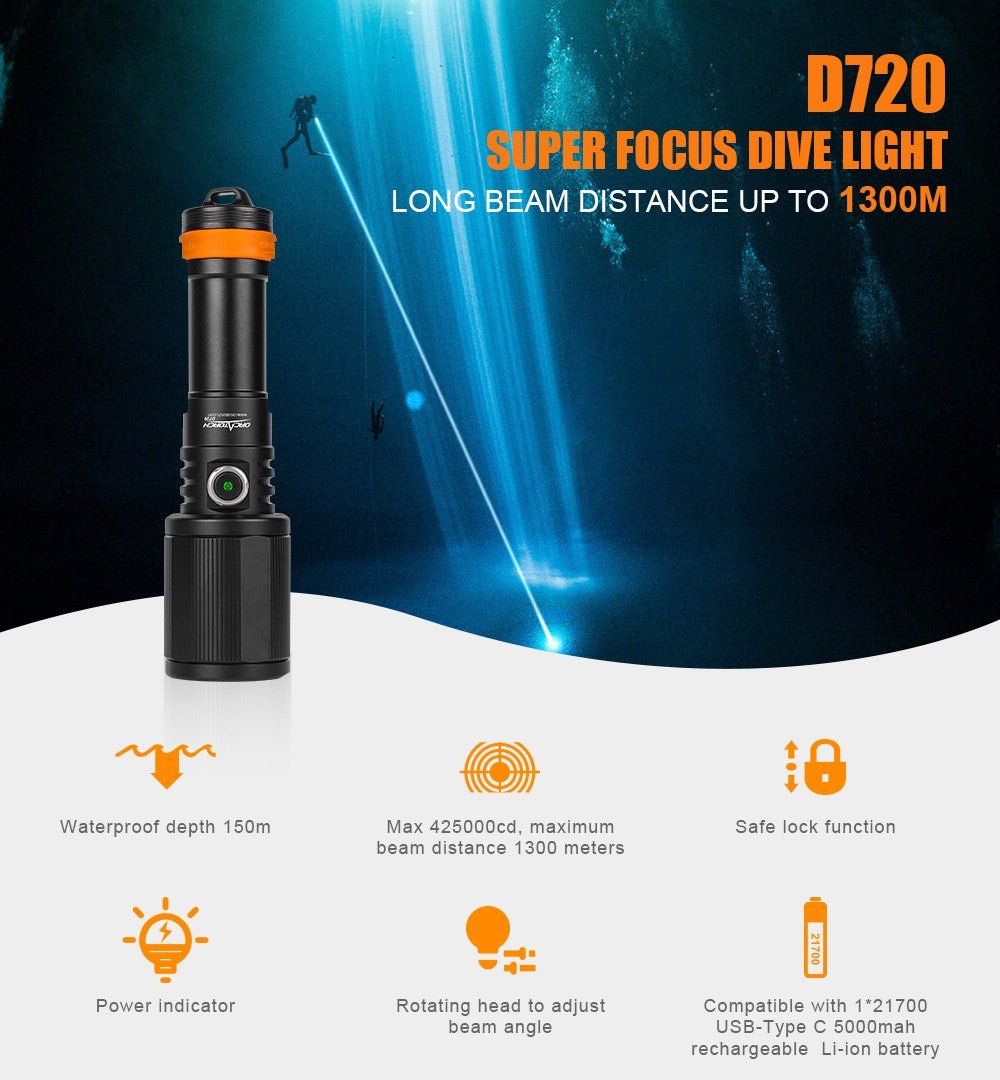 OrcaTorch D720 Dive Torch with 425000cd 1300 Beam Meters Throw 150 Meters Depth - Infinity DiveOrcaTorch D720 Dive Torch with 425000cd 1300 Beam Meters Throw 150 Meters DepthORCATORCH