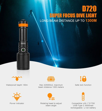 OrcaTorch D720 Dive Torch with 425000cd 1300 Beam Meters Throw 150 Meters Depth - Infinity DiveOrcaTorch D720 Dive Torch with 425000cd 1300 Beam Meters Throw 150 Meters DepthORCATORCH