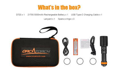 OrcaTorch D720 Dive Torch with 425000cd 1300 Beam Meters Throw 150 Meters Depth - Infinity DiveOrcaTorch D720 Dive Torch with 425000cd 1300 Beam Meters Throw 150 Meters DepthORCATORCH