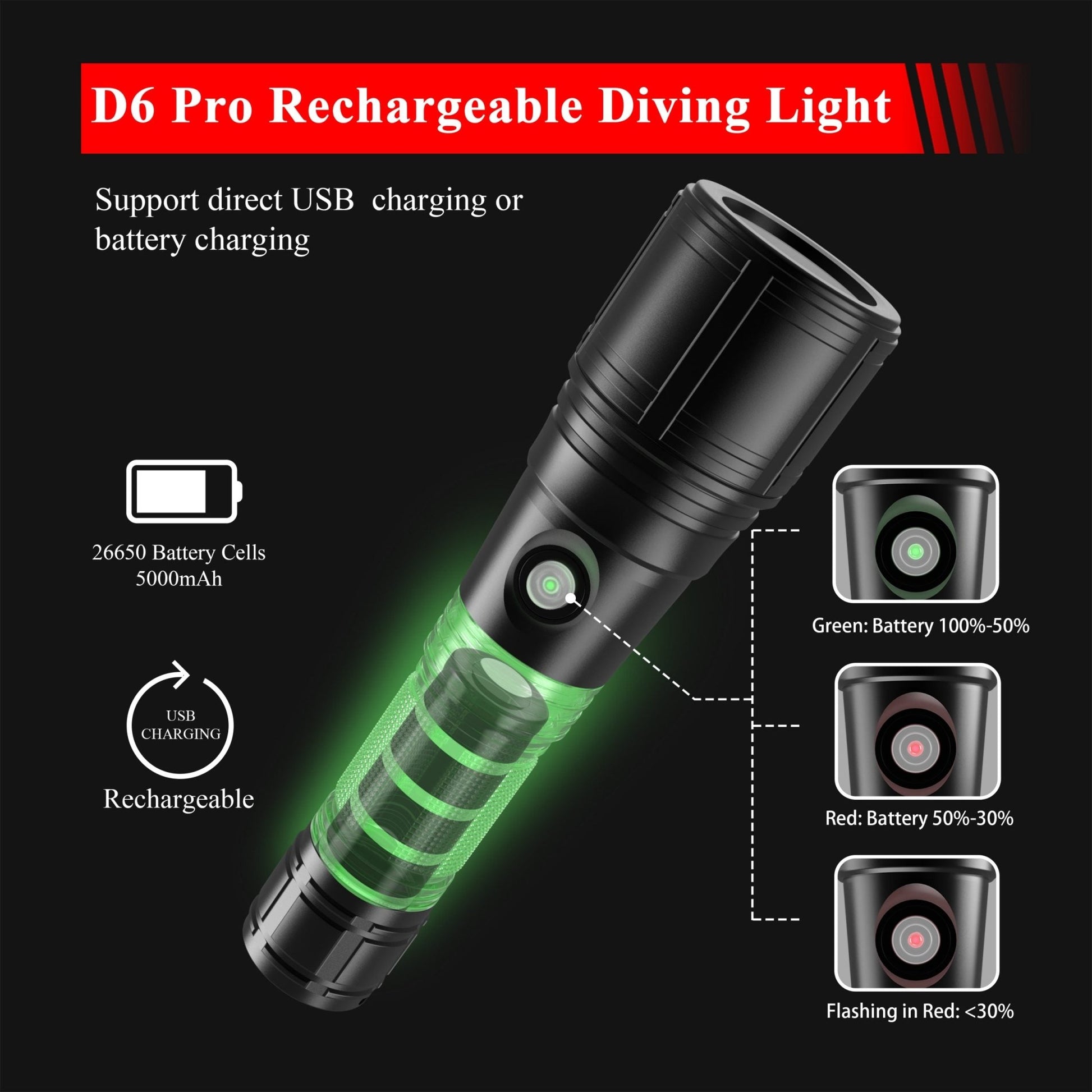 Skywoods D6S Pro USB Charge Dive Torch - 3000 Lumens - Infinity DiveSkywoods D6S Pro USB Charge Dive Torch - 3000 LumensSkywoods